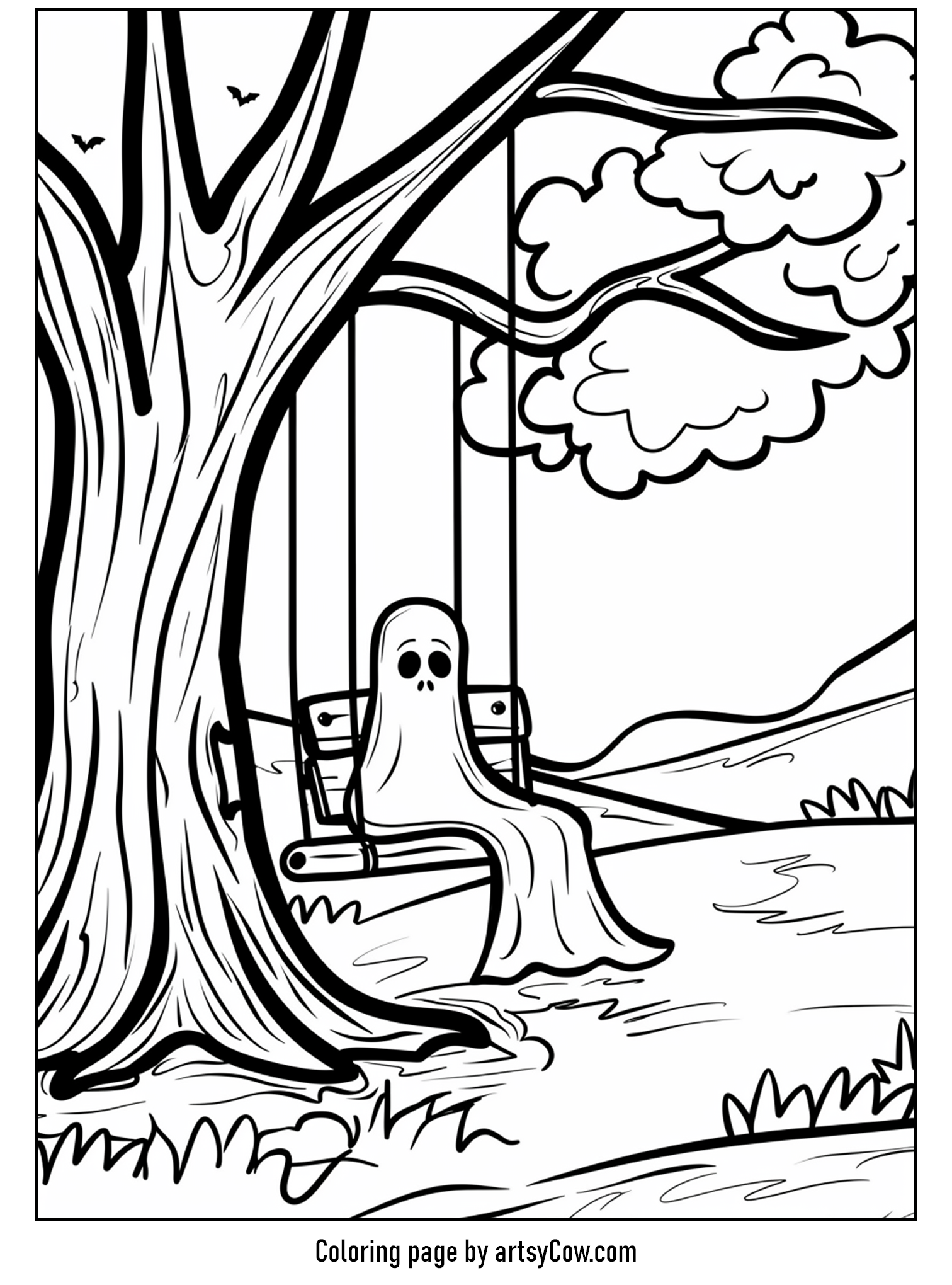 free halloween coloring pages for kids and adults, Swinging Ghost on Autumn Eve